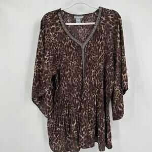 Catherines Womens Crinkle Tunic‎ Top Size 3XWP Animal Print Beaded Bold Basics